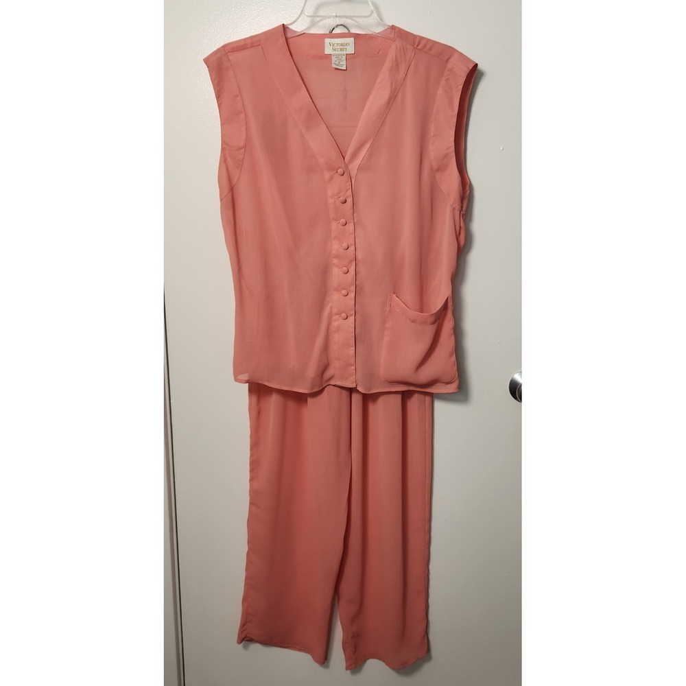 Victoria's Secret Vtg Gold Label Sheer Pajama Set Fabric Buttons Pull On Pants M